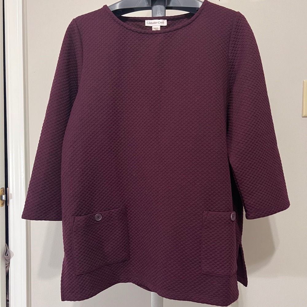 Plum Burgundy Textured Knit Tunic Top 3/4 Sleeve, Front Pockets Warm EUC
